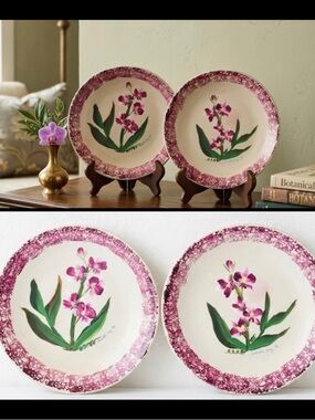 2 Vintage Signed Hand-Painted Floral Orchid Motif Ceramic Decorative 8” Plates